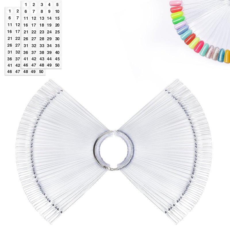 MEFA 100 Pcs Clear Nail Swatch Sticks with Ring and Numbered Tips, False Nail Sample Sticks for Nail Art Polish Color Practice Fan-shaped Display - Image 1